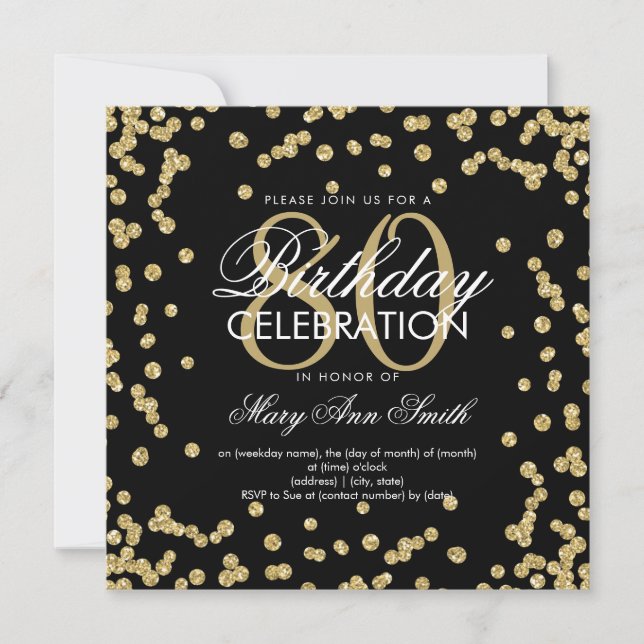 Gold Black 80th Birthday Glitter Confetti Invitation (Front)