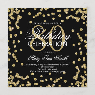 Gold Black 80th Birthday Glitter Confetti Invitation