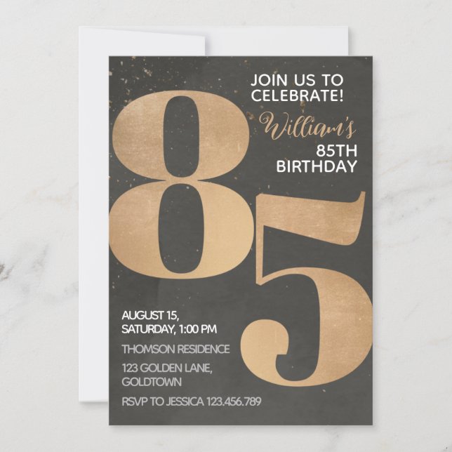 Gold Black 85th Birthday Invitation (Front)
