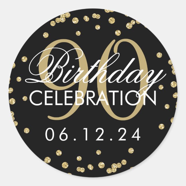 Gold Black 90th Birthday Glitter Confetti Classic Round Sticker (Front)