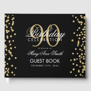 Gold Black 90th Birthday Glitter Confetti Guest Book