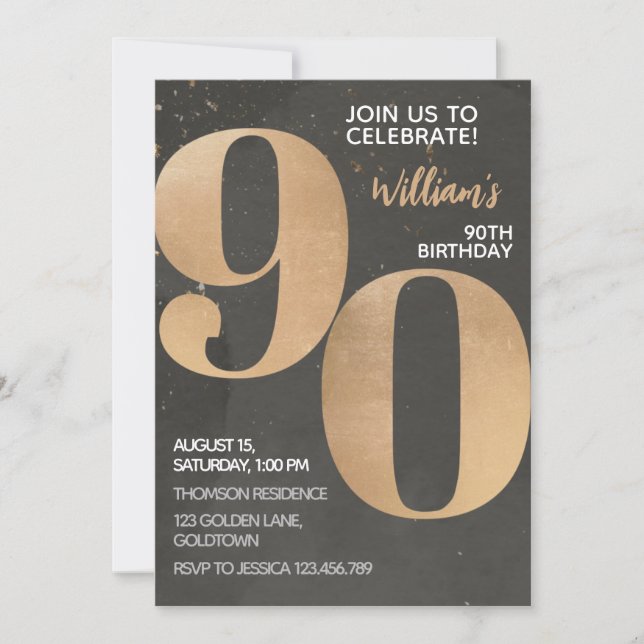 Gold Black 90th Birthday Invitation (Front)