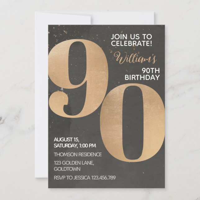 Gold Black 90th Birthday Invitation (Front)