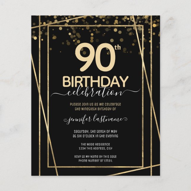 Gold Black 90th Birthday Party Budget Invitation (Front)