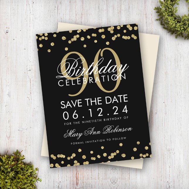 Gold Black 90th Birthday Save Date Confetti Invita Postcard (Creator Uploaded)