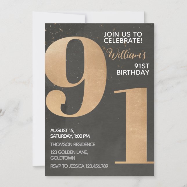 Gold Black 91st Birthday Invitation (Front)