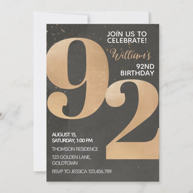 Gold Black 92nd Birthday Invitation (Front)