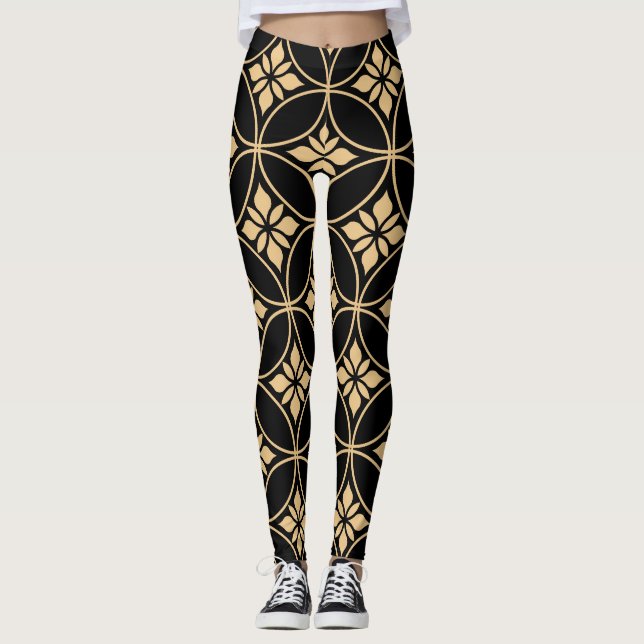 Gold & Black: Abstract Floral Vintage Leggings (Front)