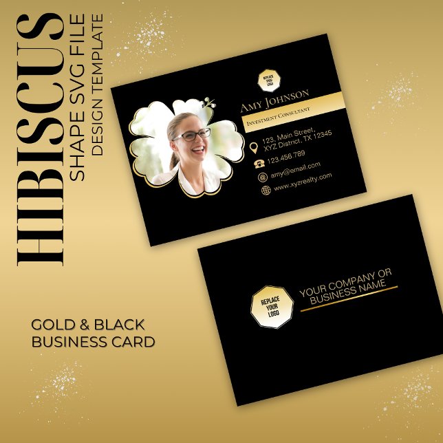 Gold & Black, Add Own Photo To Hibiscus Shape SVG  Business Card (Creator Uploaded)
