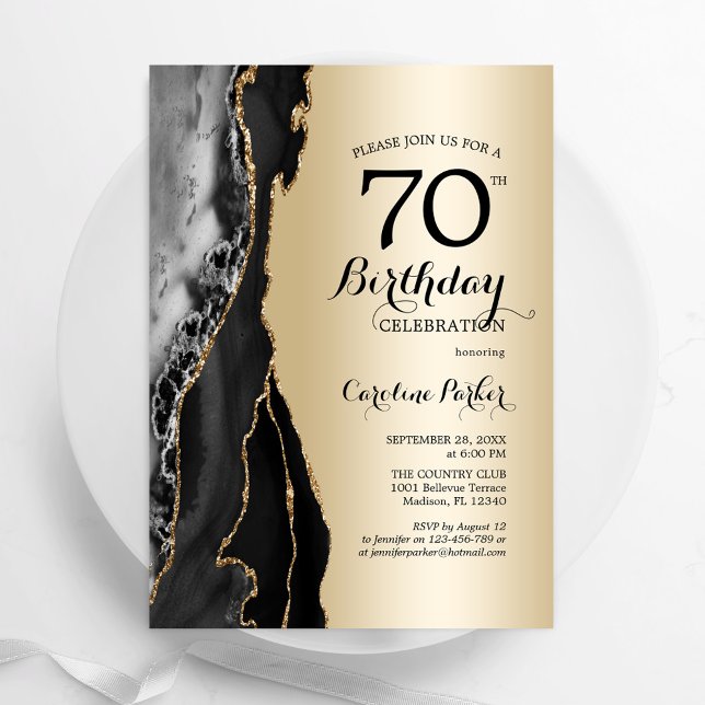 Gold Black Agate 70th Birthday Invitation (Creator Uploaded)