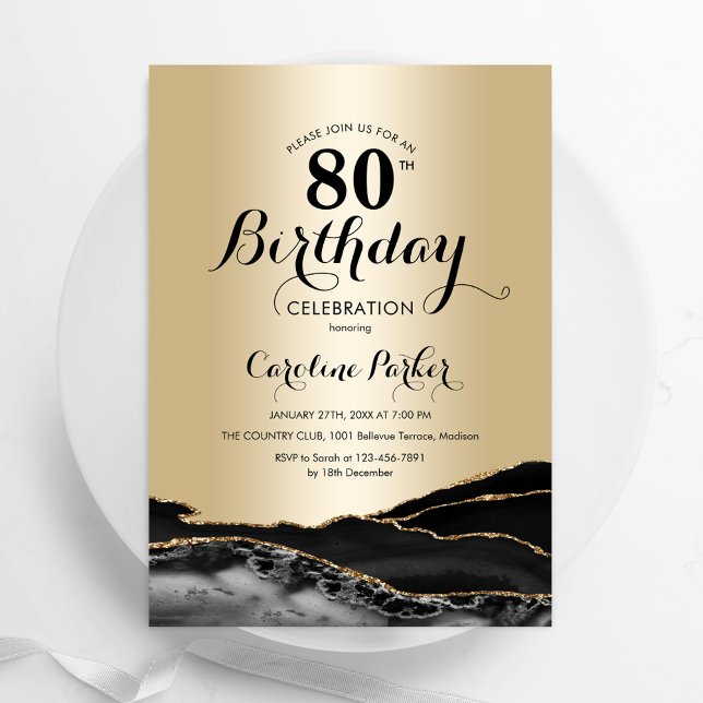 Gold Black Agate Marble 80th Birthday Invitation (Creator Uploaded)