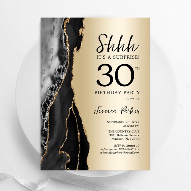 Gold Black Agate Surprise 30th Birthday Invitation (Creator Uploaded)
