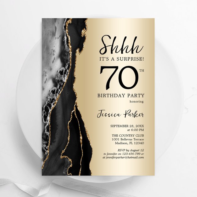 Gold Black Agate Surprise 70th Birthday Invitation (Creator Uploaded)