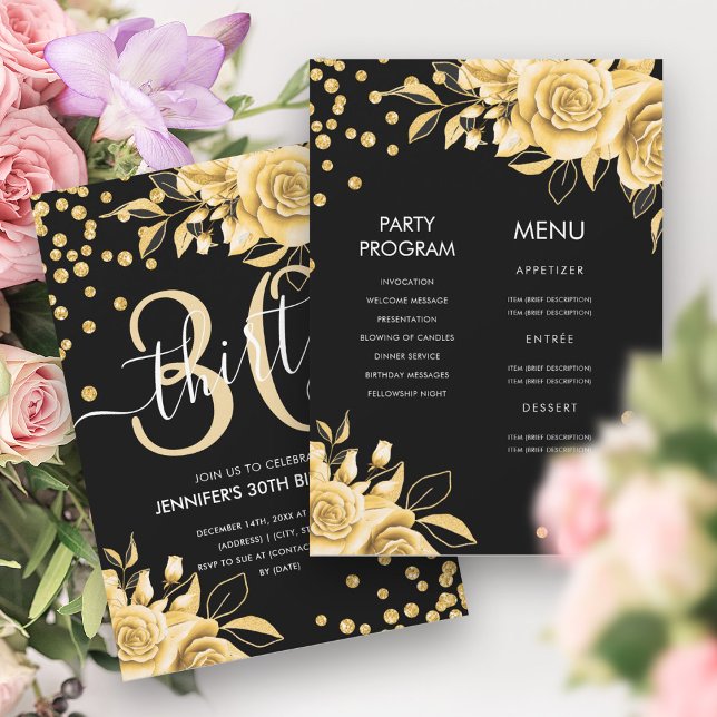 Gold Black AllinOne Floral Glitter 30th Birthday  Invitation (Gold Black AllinOne Floral Glitter 30th Birthday Invitation)