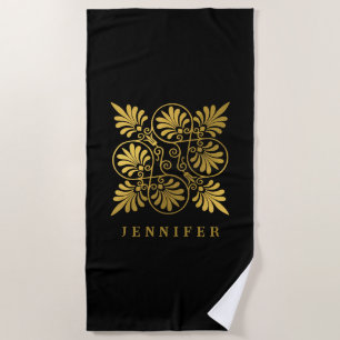 Gold Black Ancient Greek Meander Monogram Beach Towel
