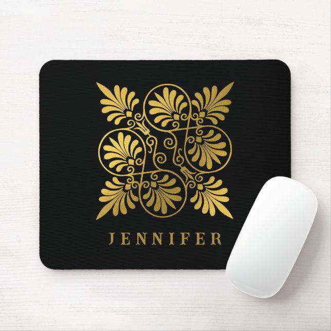 Gold Black Ancient Greek Meander Monogram Mouse Mat (With Mouse)