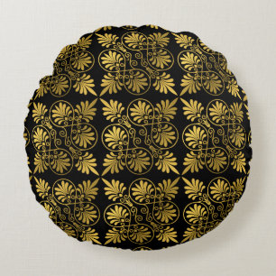 Gold Black Ancient Greek Meander Pattern Round Cushion