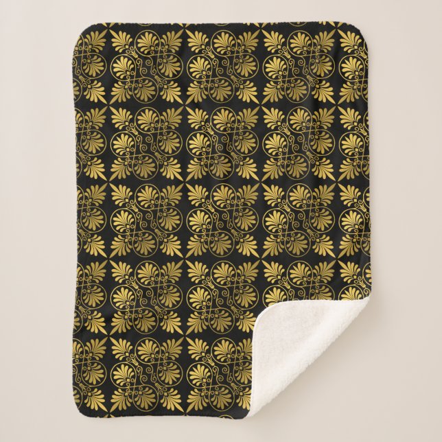 Gold Black Ancient Greek Meander Pattern Sherpa Blanket (Front)