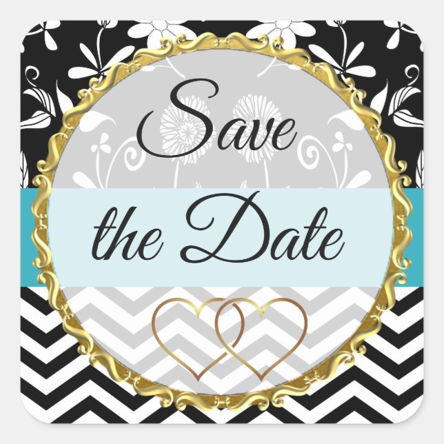 Gold, Black and Blue Floral Save the Date Stickers (Front)