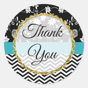 Gold, Black and Blue Floral Thank You Stickers