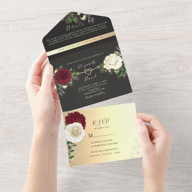 Gold Black and Burgundy Floral Wedding All In One Invitation (Tearaway)