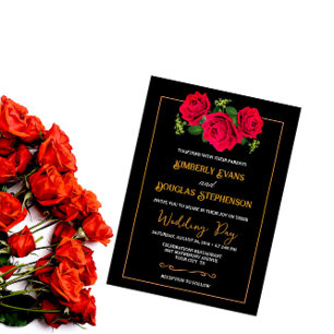 Gold Black And Burgundy Rose Wedding Invitations