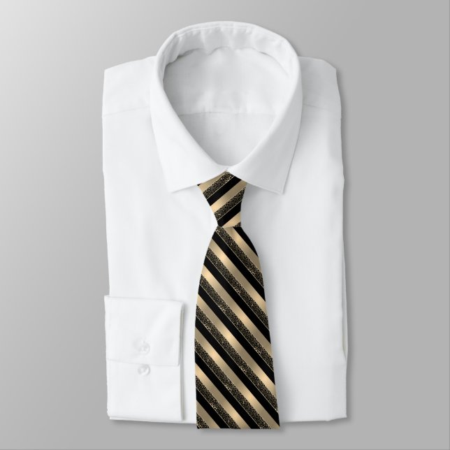 Gold, Black and Diagonal Stripe Leopard Print Tie (Tied)