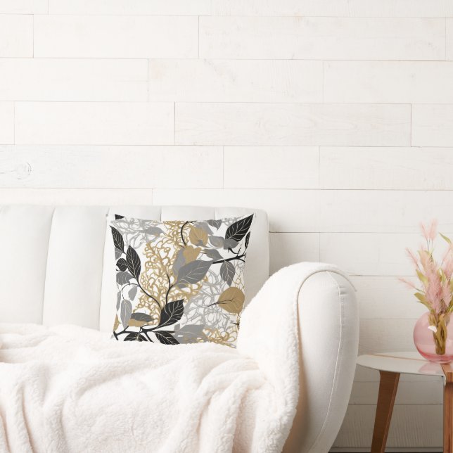 Gold, Black and Grey Leaf Vine Design Cushion (Couch)