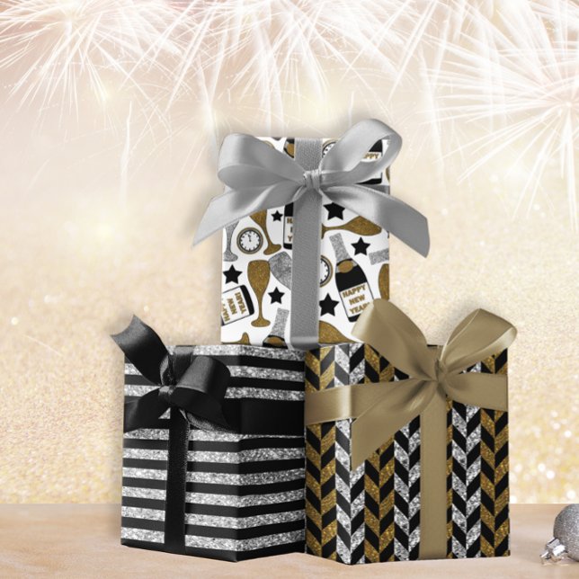 Gold, black and silver New Year set of 3 Wrapping Paper Sheet (Gold, black and silver New Year set of 3 Wrapping Paper Sheets )