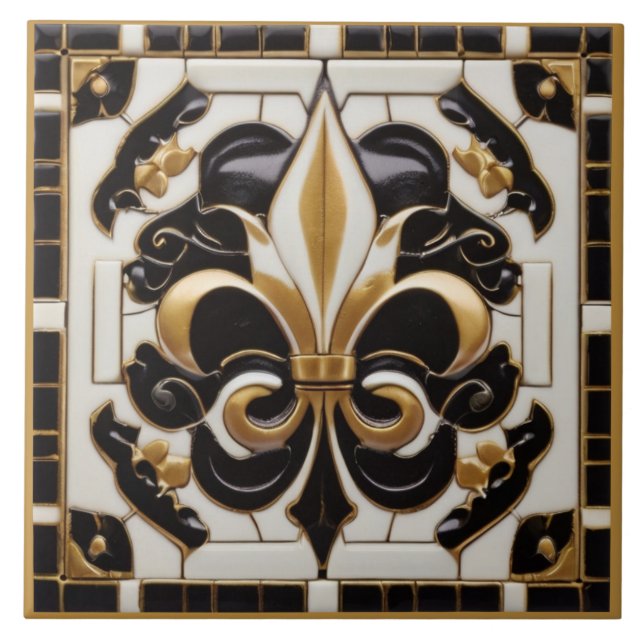 Gold Black and White Fleur de Lis Faux Relief Tile (Front)