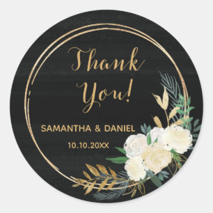 Gold Black and White Floral Watercolor Thank You Classic Round Sticker