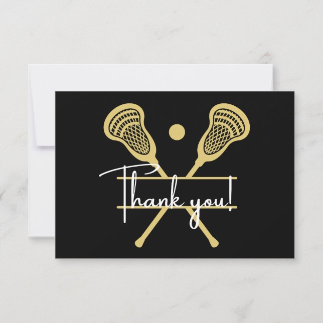 Gold Black and White Lacrosse Sports  Thank You Card (Front)