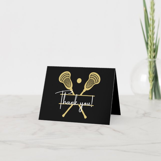 Gold Black and White Lacrosse Sports  Thank You Card (Front)