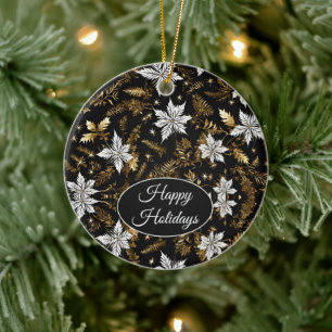 Gold, Black and White Poinsettia Happy Holidays Ceramic Tree Decoration