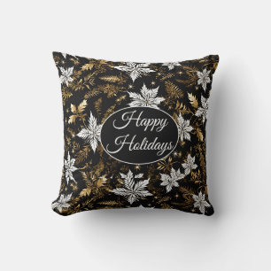 Gold, Black and White Poinsettia Happy Holidays Cushion