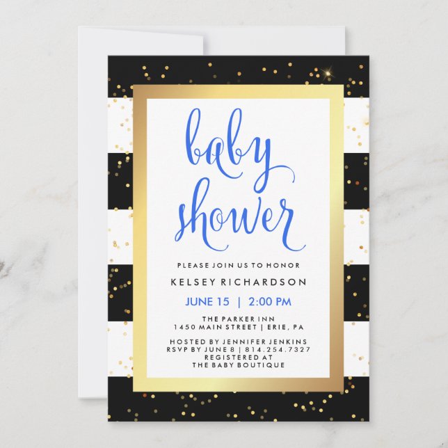 Gold Black and White Stripes Baby Shower with Blue Invitation (Front)
