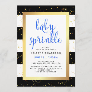 Gold Black and White Stripes Baby Sprinkle   Blue Invitation
