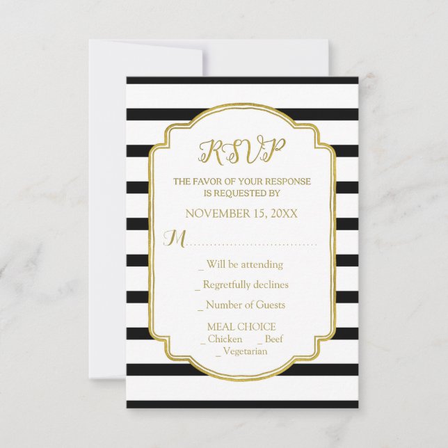 Gold Black and White Stripes Wedding RSVP (Front)