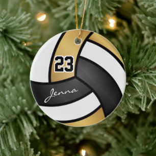 Gold, Black and White 🏐 Volleyball Ceramic Tree Decoration