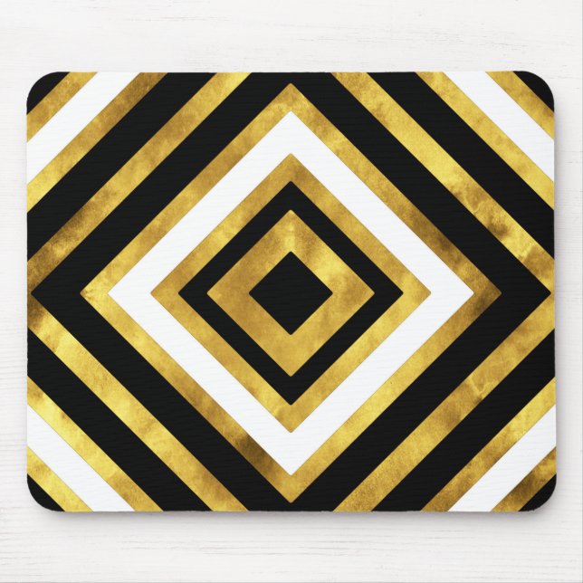 Gold Black and White Watercolor Diamond Geometric Mouse Mat (Front)
