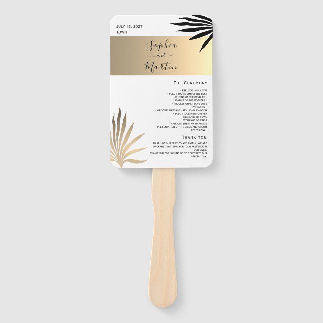 Gold Black and White Wedding Program Hand Fan (Front)