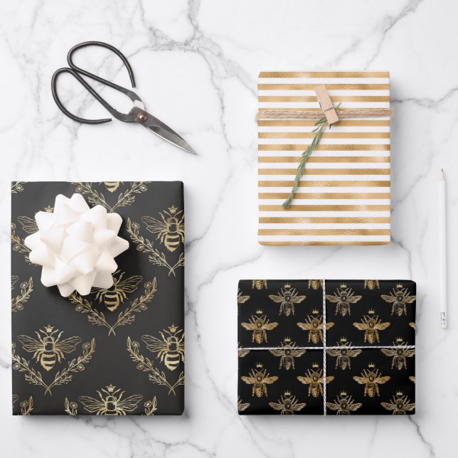 Gold Black Apiary Queen Bee Wrapping Paper Sheet (Front)