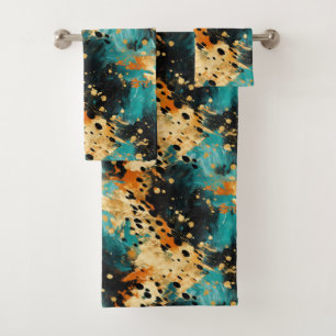 Gold Black Aqua Orange Leopard Abstract Bath Towel Set