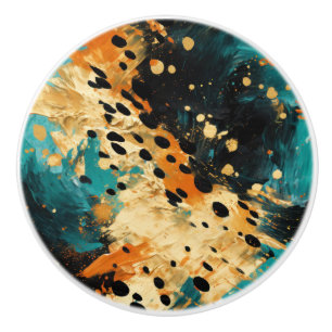Gold Black Aqua Orange Leopard Abstract Ceramic Knob