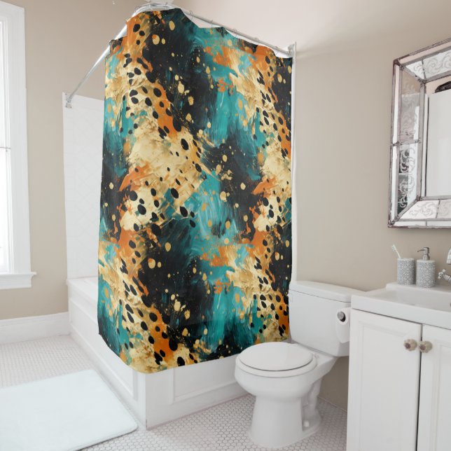 Gold Black Aqua Orange Leopard Abstract Shower Curtain (In Situ)