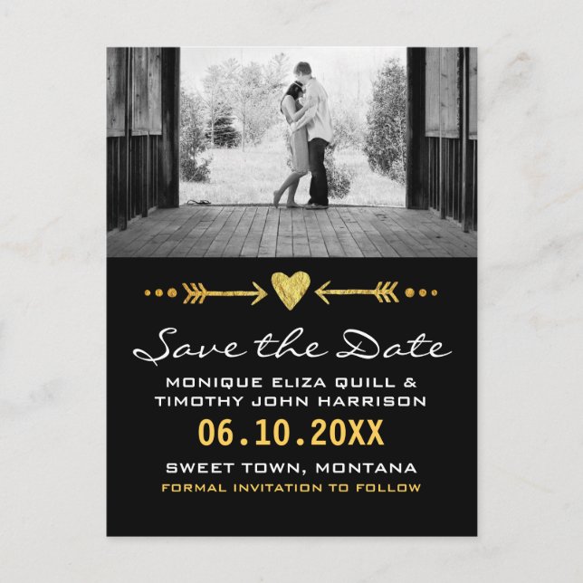 Gold Black Arrows Wedding Heart Card Save the Date (Front)