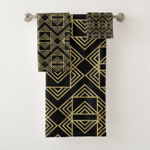 Gold & Black Art Deco Bold Retro Glam Pattern Bath Towel Set