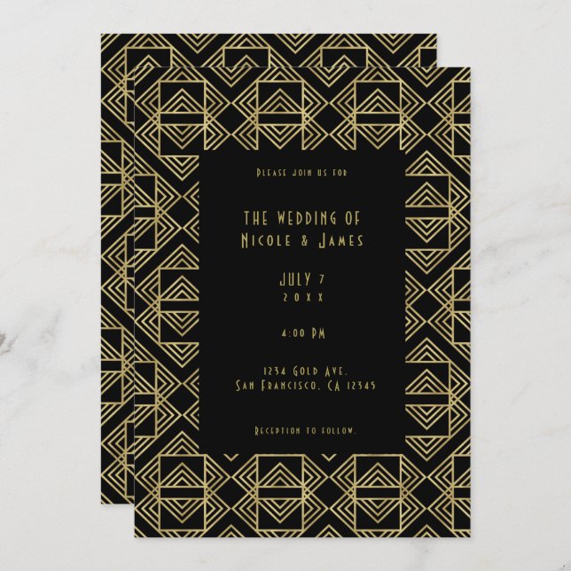 Gold & Black Art Deco Bold Retro Glam Wedding  Invitation (Front/Back)