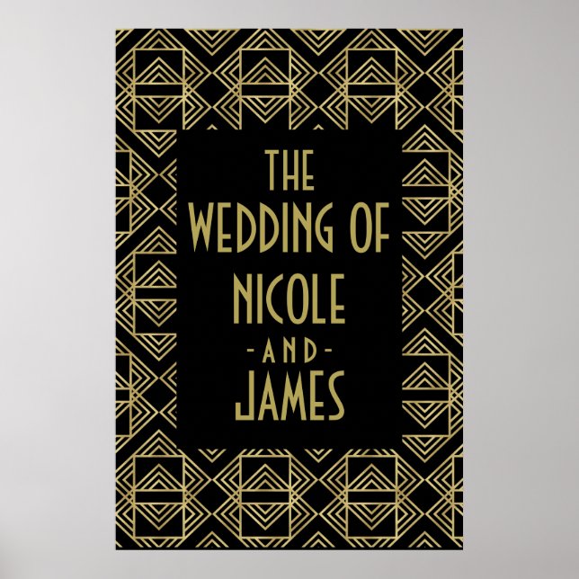 Gold & Black Art Deco Bold Retro Glam Wedding Sign (Front)