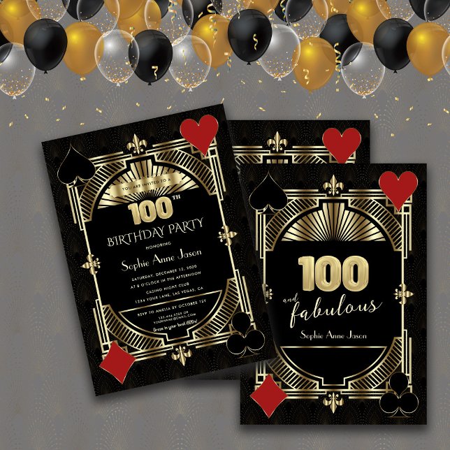 Gold Black Art Deco Casino Poker 100th Birthday  Invitation (#birthdayinvitation #casinobirthdayparty)